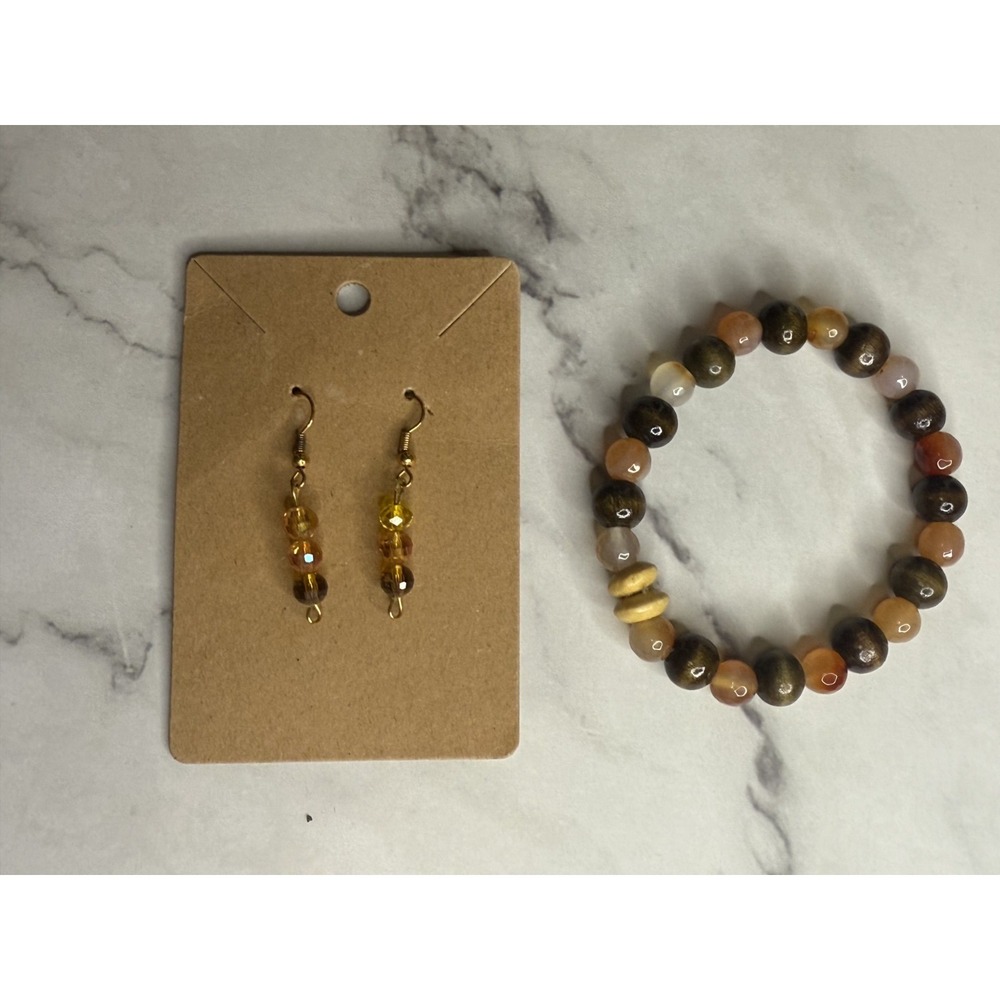 handmade beaded earrings and bracelets set brown and natural tone beads